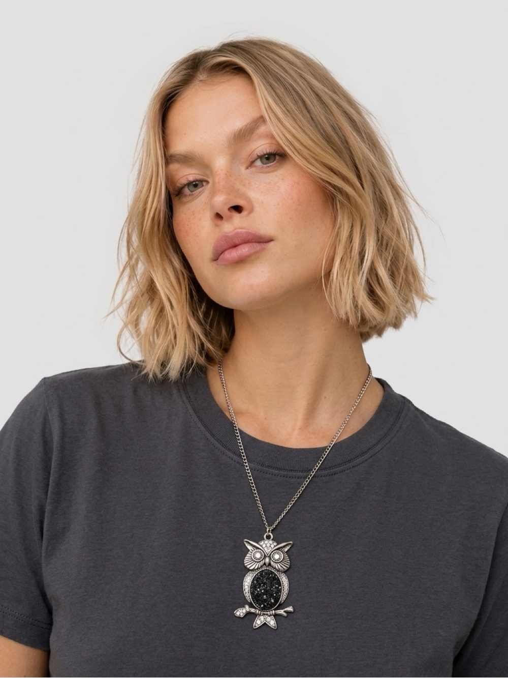 Source Unknown Silver Owl Necklace with Black Glitter Pendant